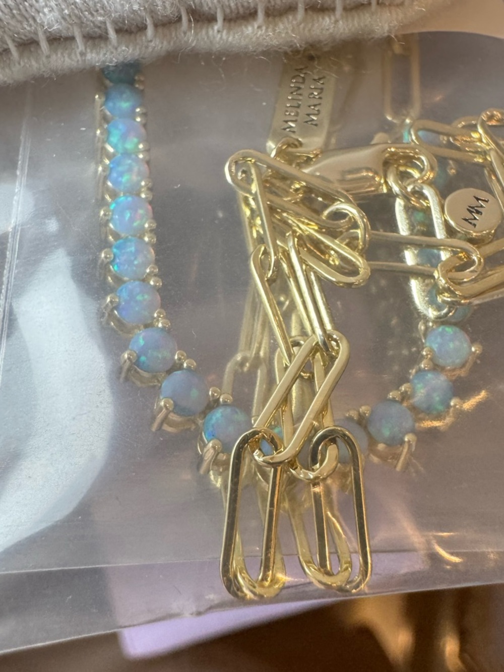 Melinda Maria Gold Paperclip Chain Necklace with Simulated Opal Stones - Picture 8 of 9